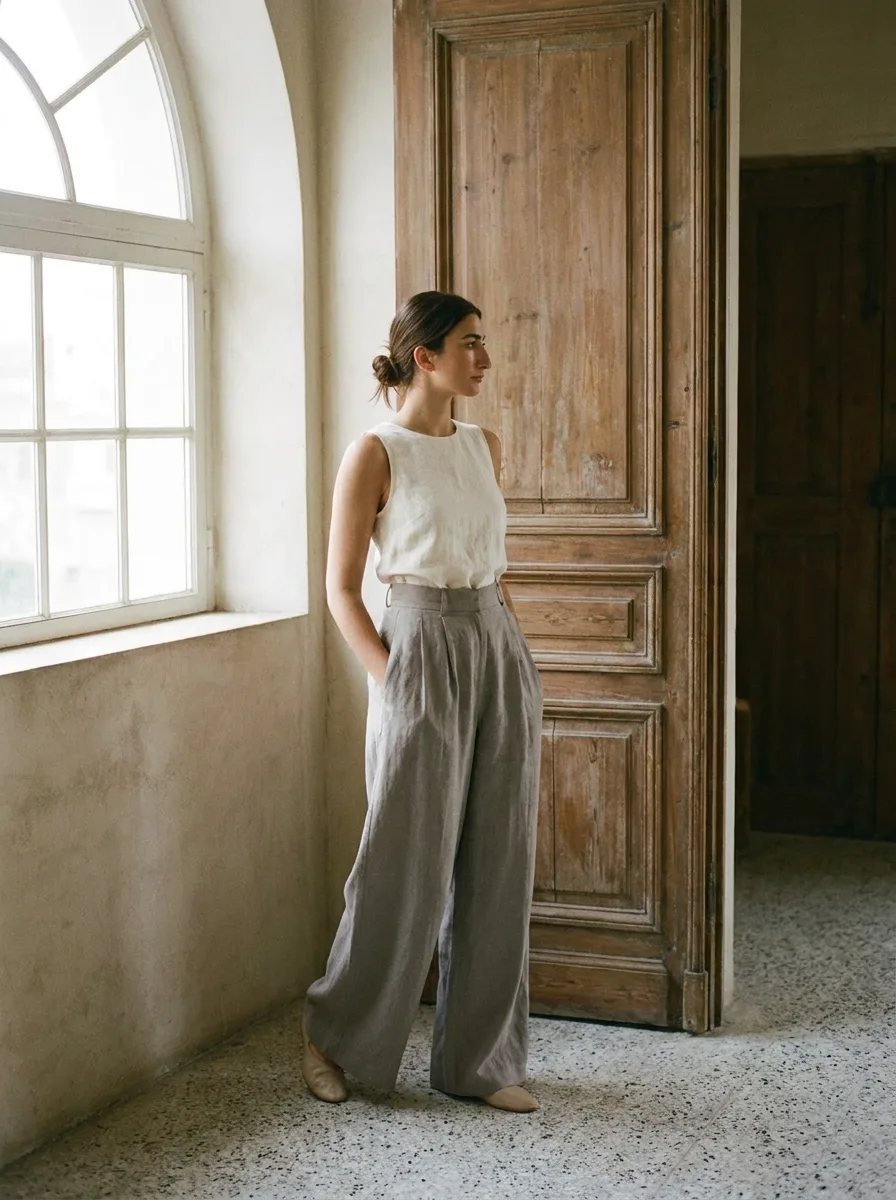 Rania trousers — High-waist wide-leg trousers, stone