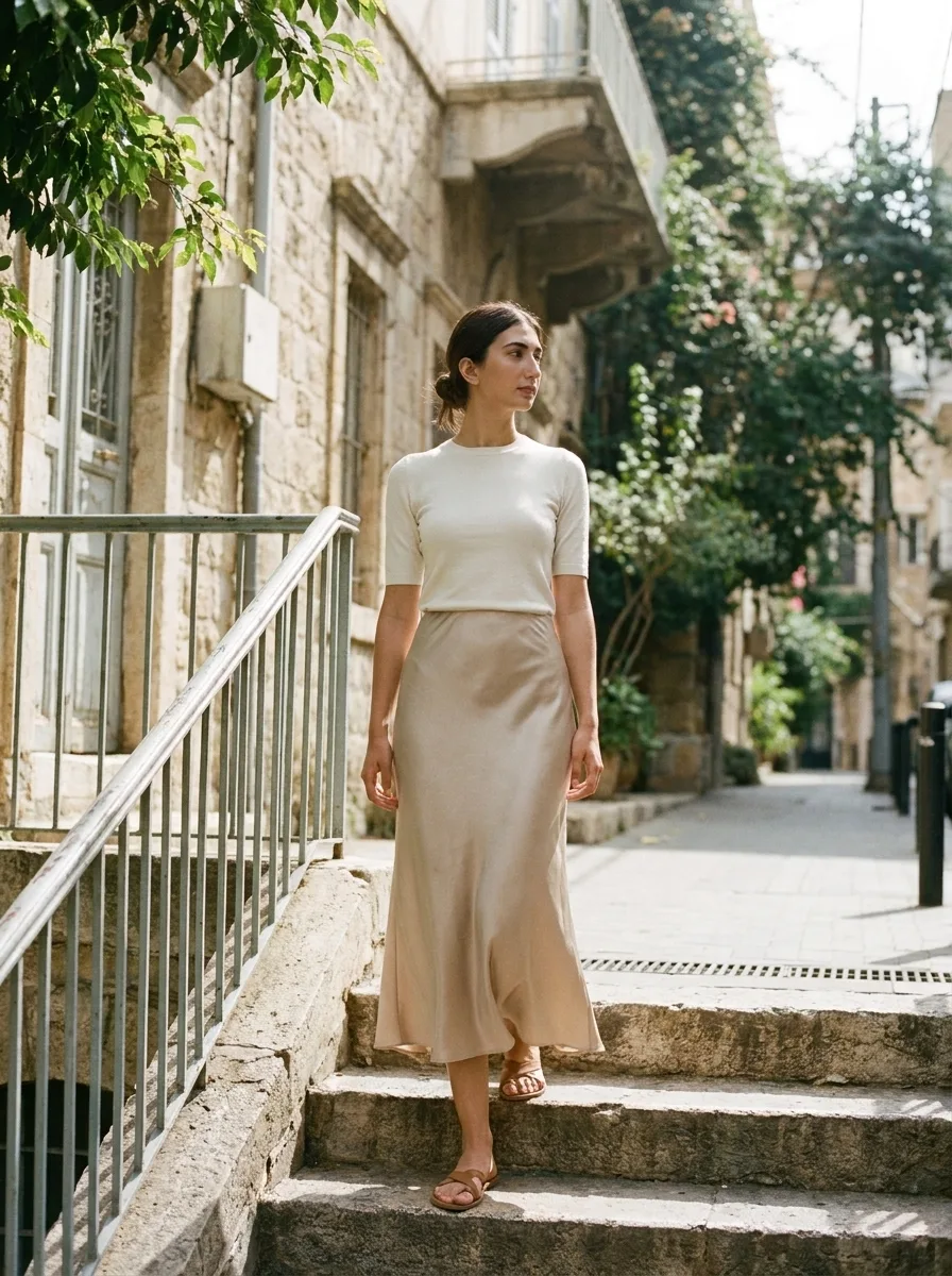 Dalia skirt — Bias-cut midi skirt, oat