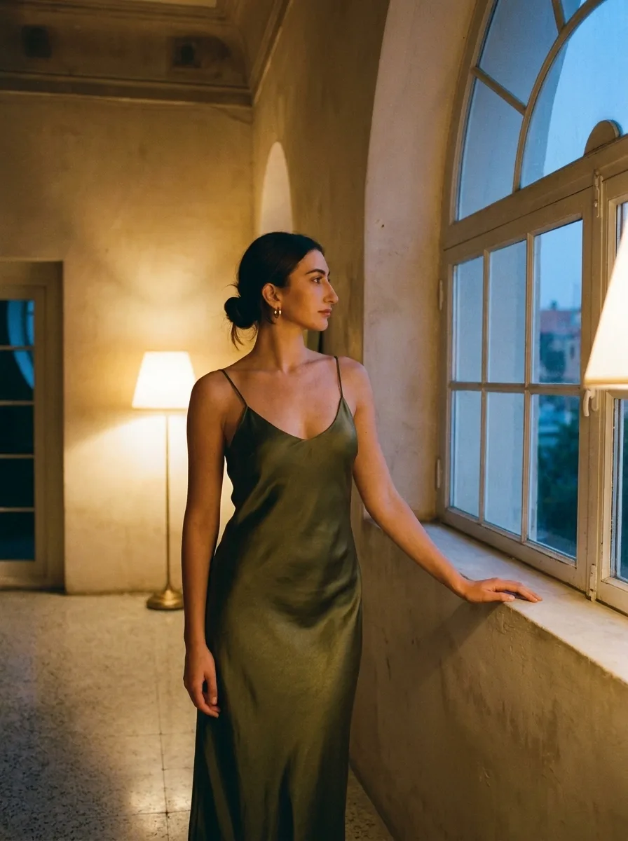 Layla dress — Washed-satin slip dress, deep olive