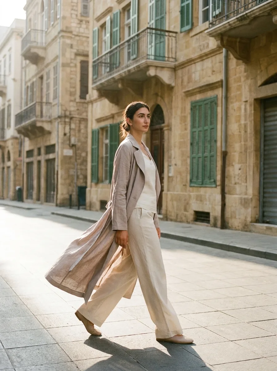 Zeina coat — Longline summer coat, pale taupe
